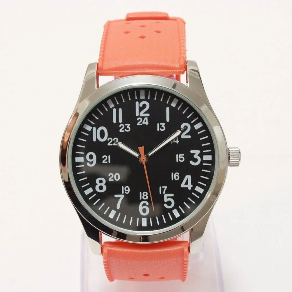 Men's Quartz Field Watch Silver Case Orange Tropical Rubber Strap 42mm